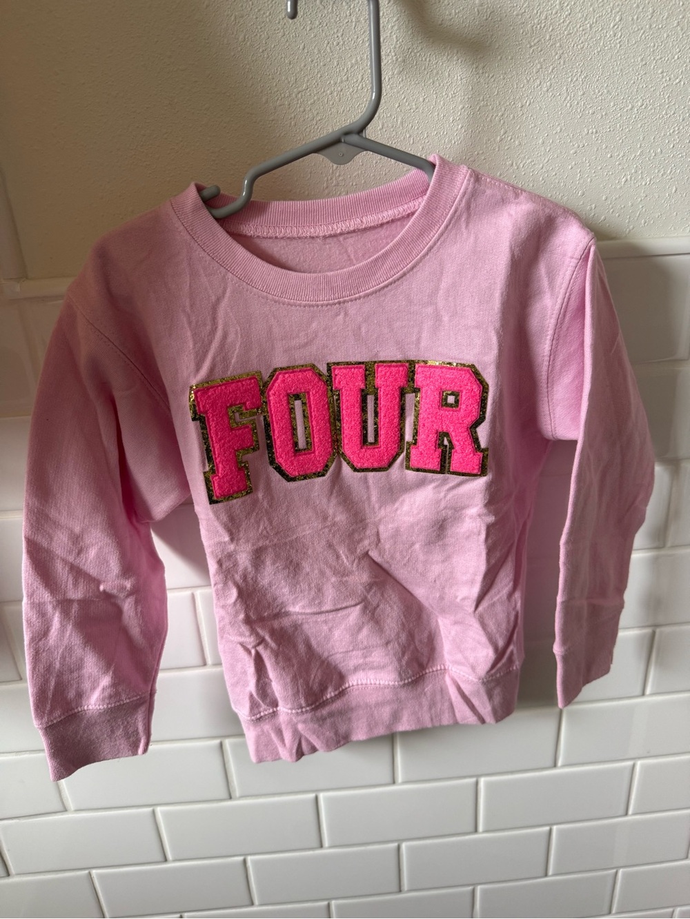 Pink Girls' 'FOUR' Graphic Pullover Sweatshirt